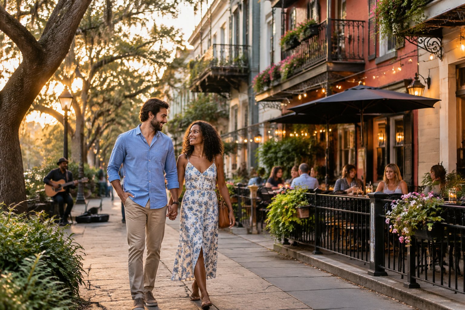 A couple walks hand in hand through a charming historic Southern city street with restaurants, trees, and warm evening lights.