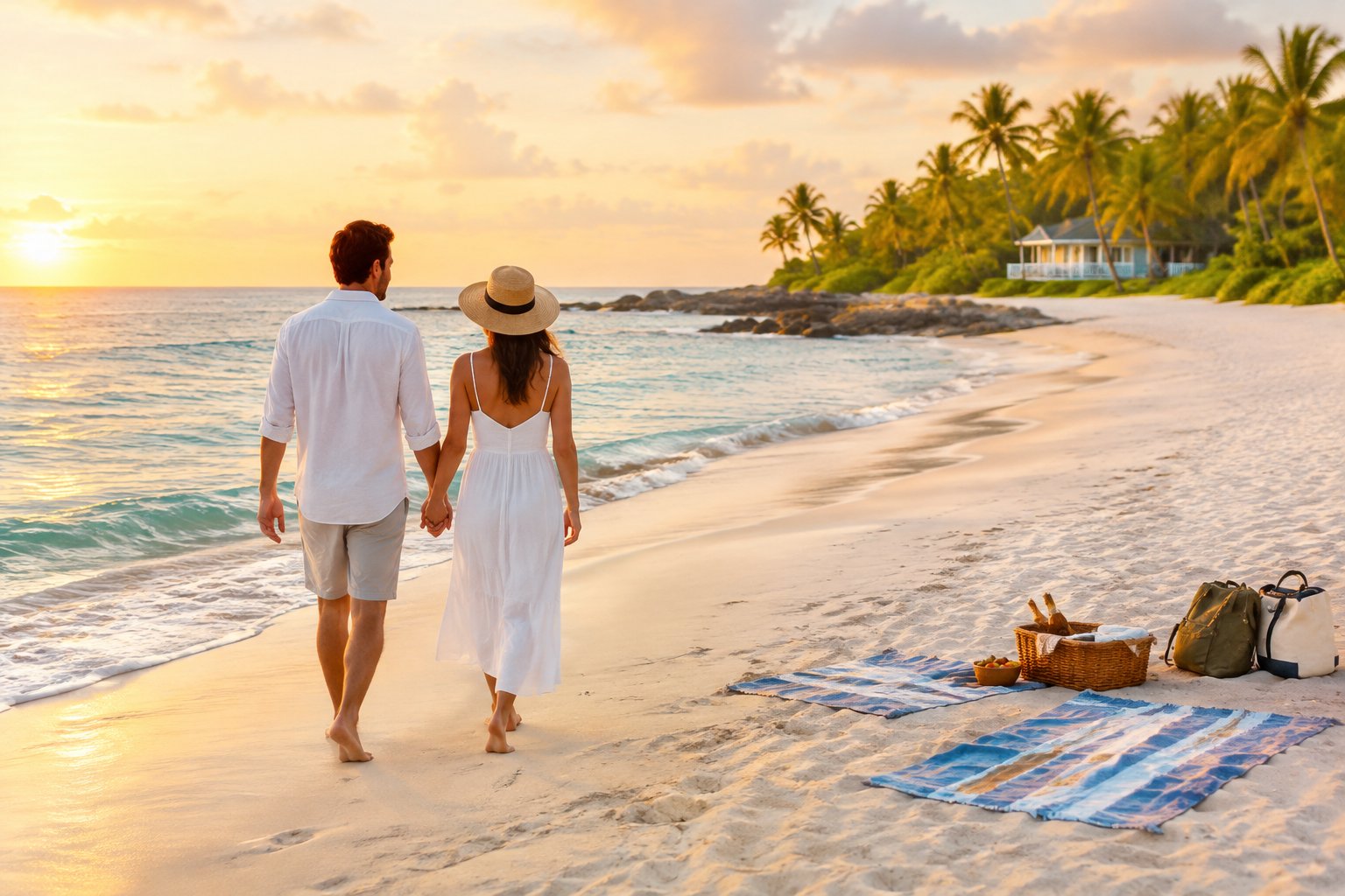 A newlywed couple walks along a sunny beach near a modest island resort.