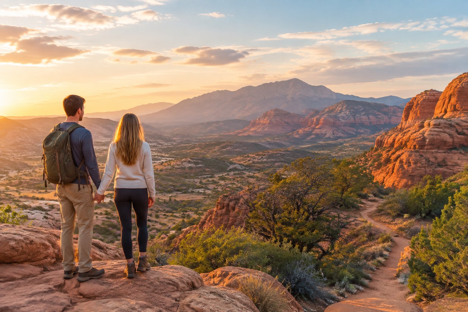 A newlywed couple holds hands while looking over a desert valley, red-rock cliffs, and distant mountains.