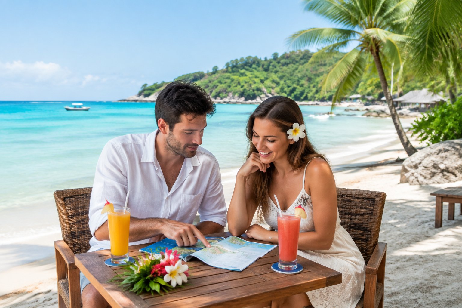 A newlywed couple compares travel options at a simple café on a scenic tropical beach.