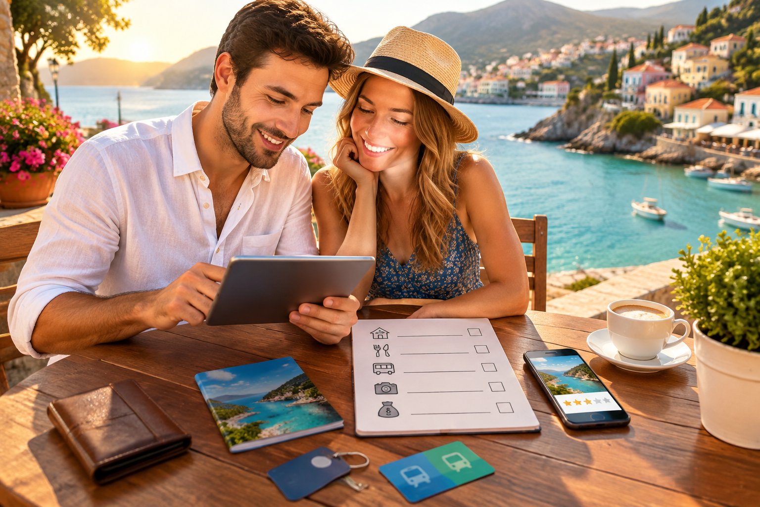 A newlywed couple compares travel costs at a café overlooking an affordable coastal destination.