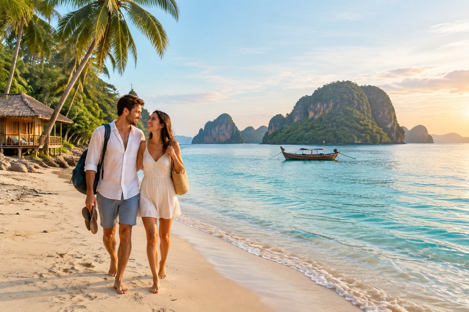 A newlywed couple walks hand in hand along a quiet tropical beach with palm trees, turquoise water, and green coastal islands in the background.