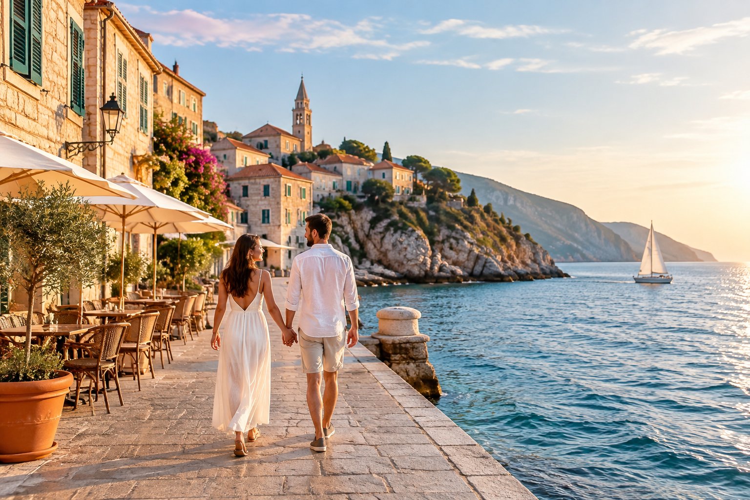 A newlywed couple walks hand in hand along a sunny European seaside promenade beside a historic coastal town.