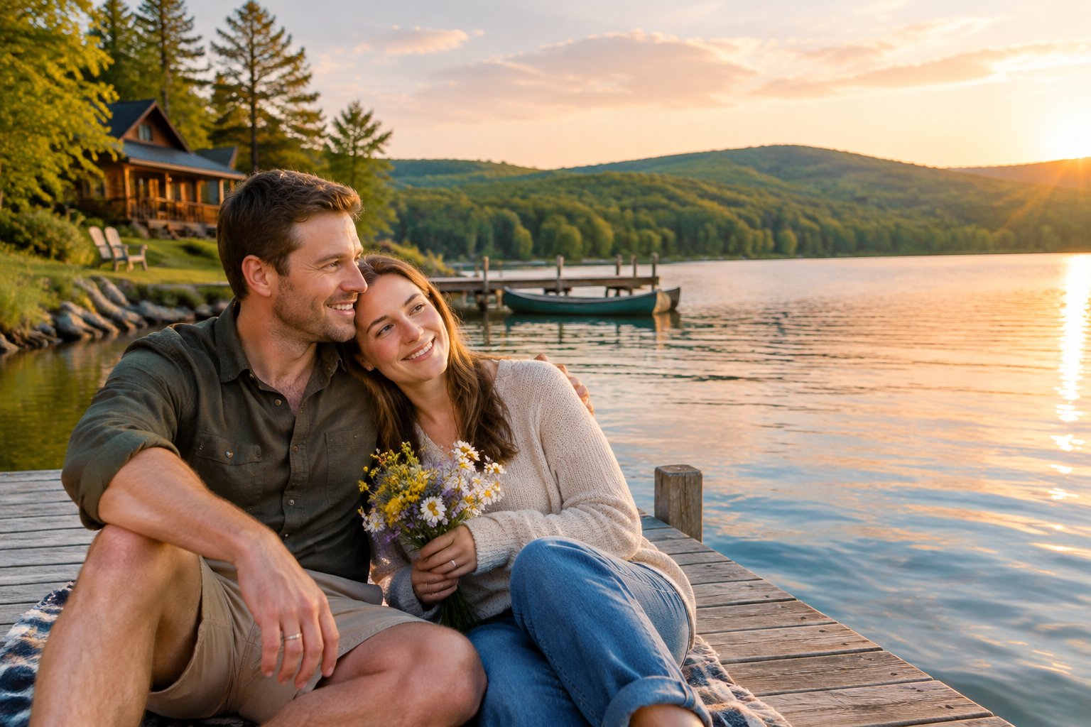 A newlywed couple relaxes together beside a peaceful Midwestern lake near a cozy cabin.