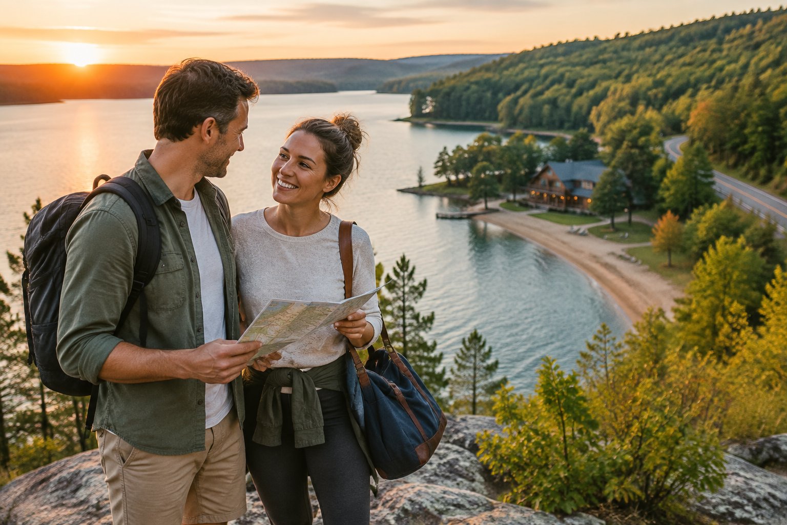 A newlywed couple with small travel bags overlooks a scenic Midwestern lake near a cozy cabin.