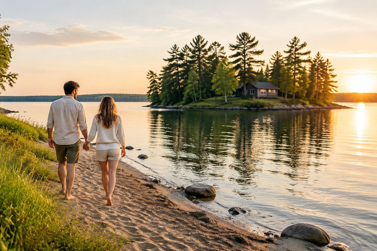 A newlywed couple walks hand in hand along a peaceful Midwest lake toward a wooded island and lakeside cottage.