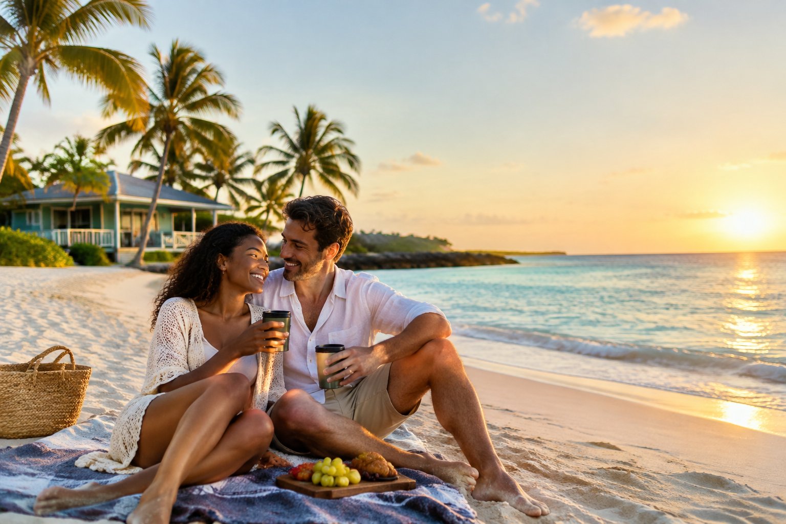 A newlywed couple relaxing together on a sunny tropical beach beside a modest beachfront stay.