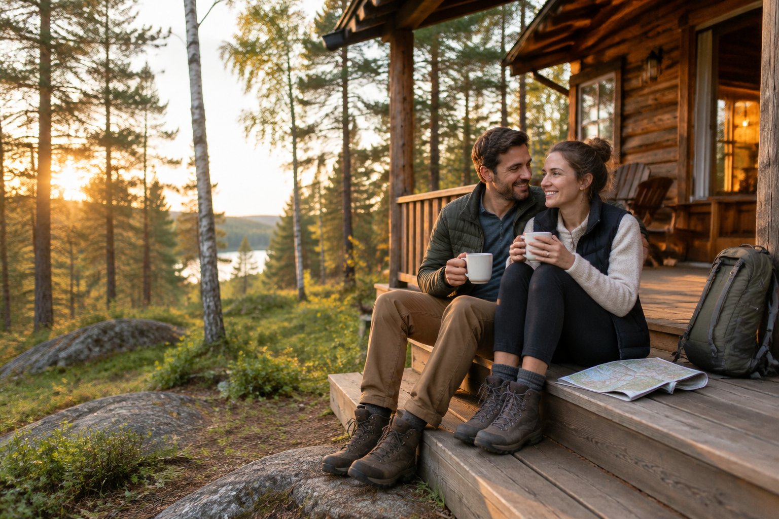A newlywed couple relaxes outside a cozy cabin in a wooded Midwest setting.