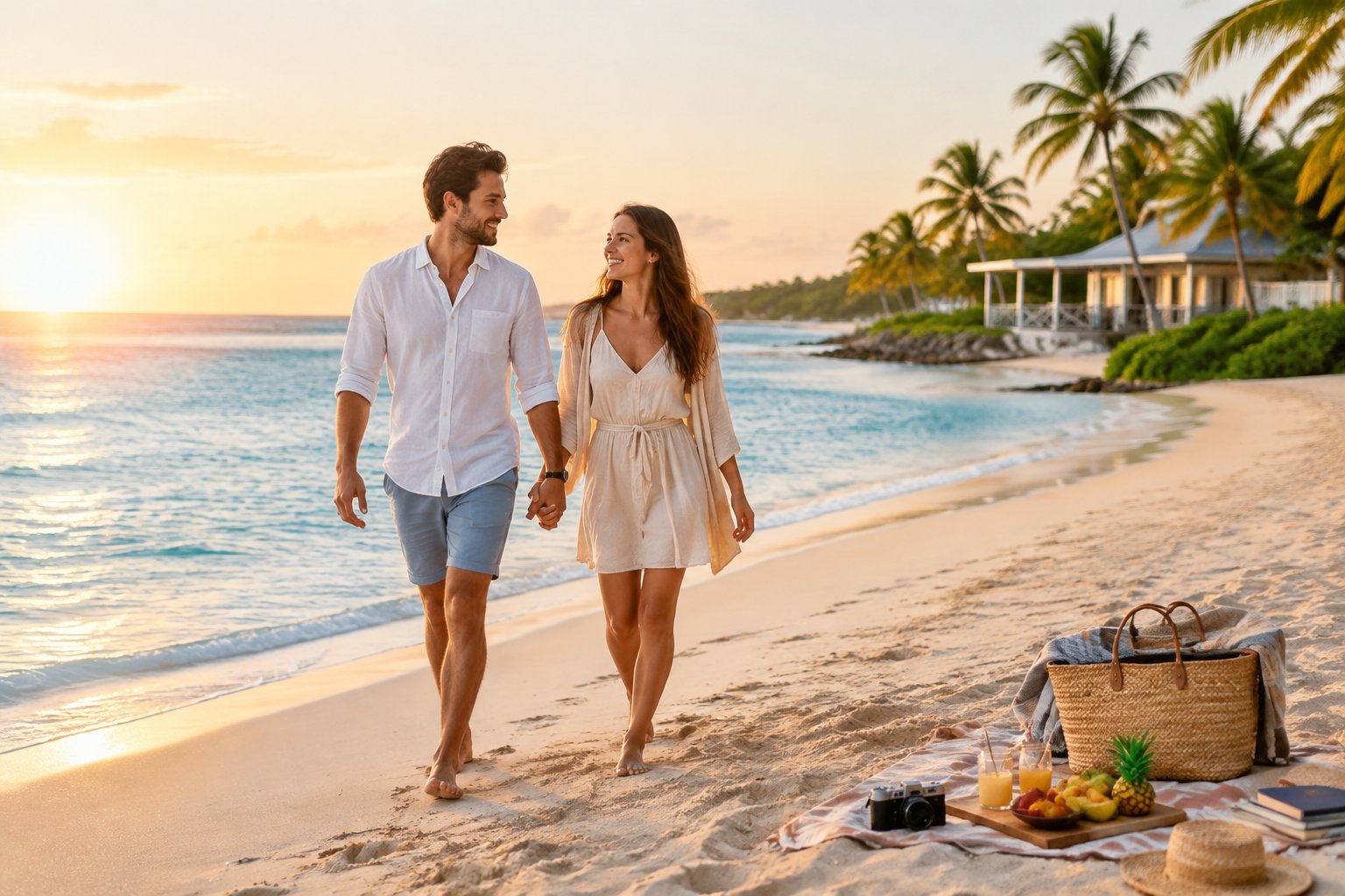 A newlywed couple walks hand in hand along a sunny tropical beach beside a modest beachfront guesthouse.