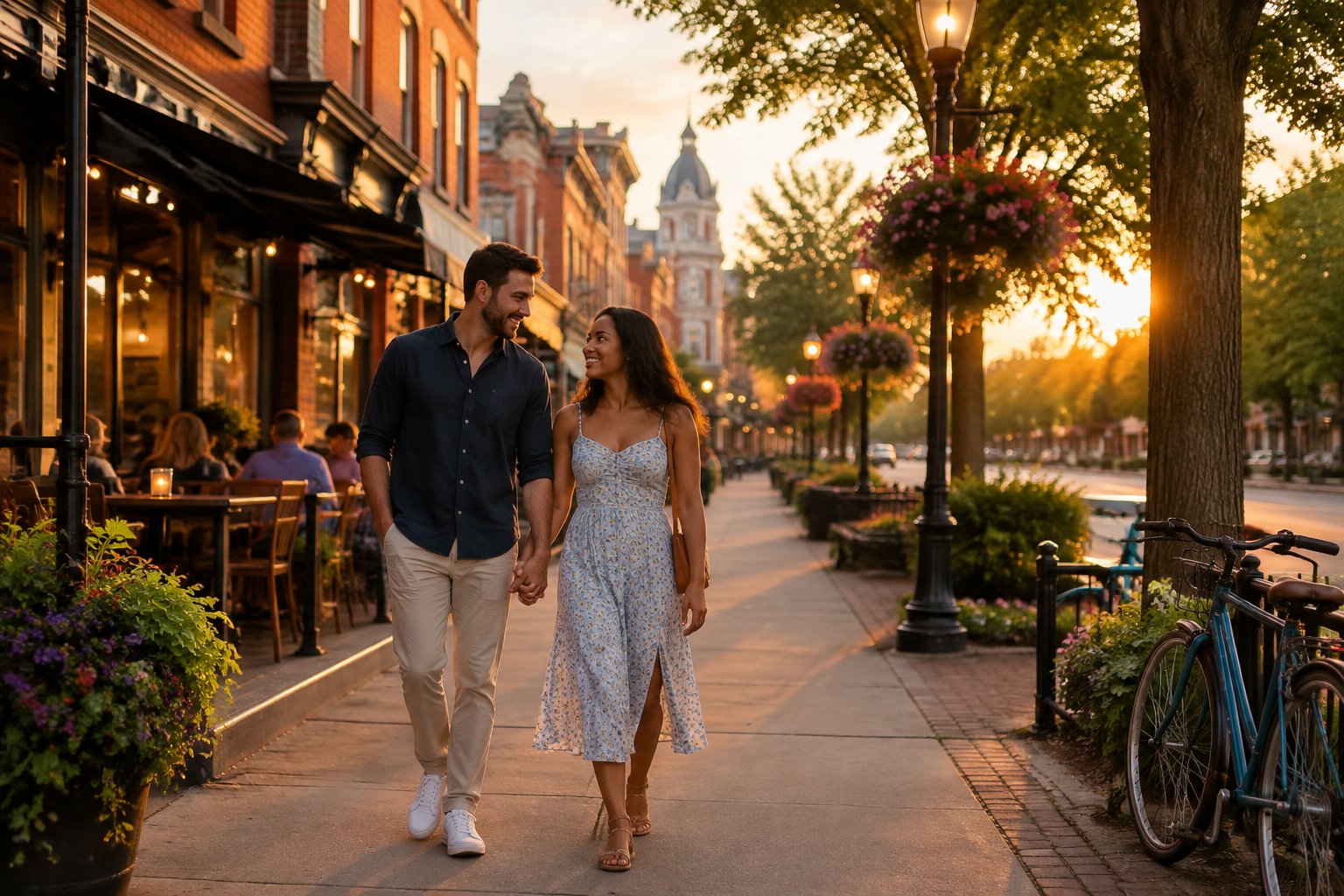 A newlywed couple walks hand in hand through a charming historic Midwestern downtown at sunset.