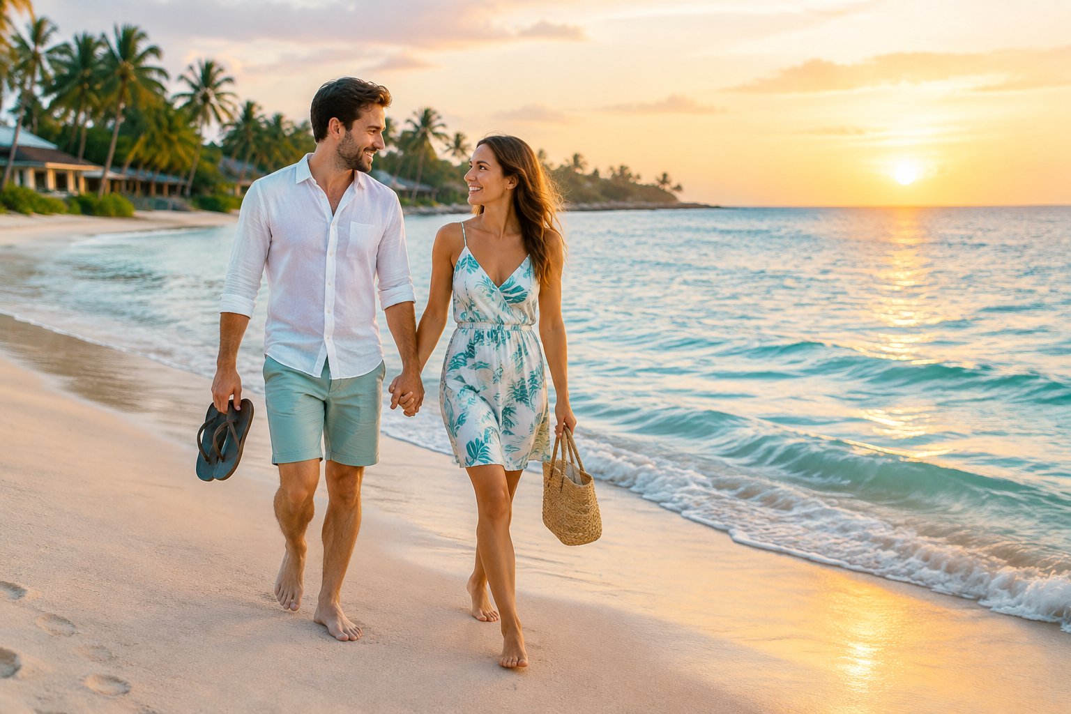 A newlywed couple walks hand in hand along a tropical beach at sunrise.