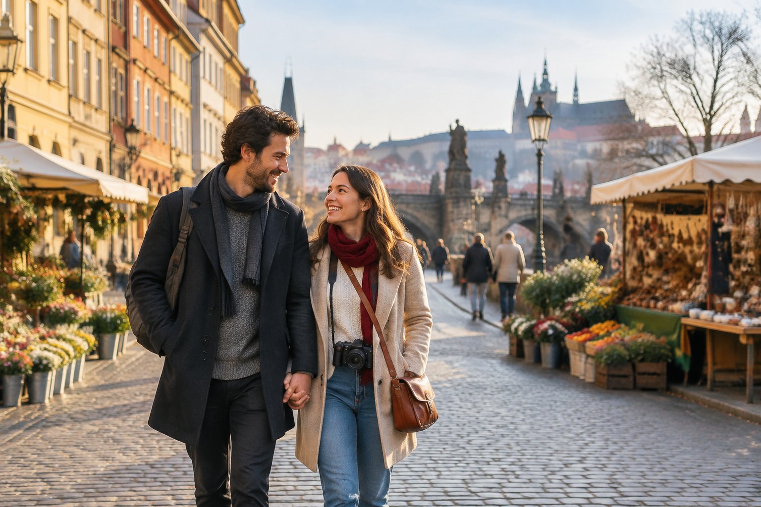 A newlywed couple explores a colorful historic city market on a mild winter day.