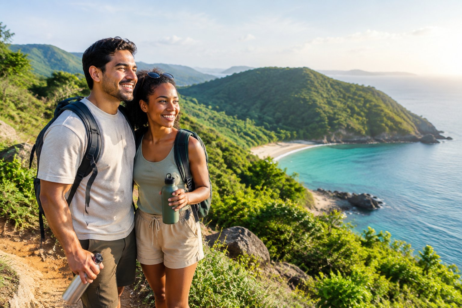 A newlywed couple overlooks a tropical bay from a lush coastal trail.