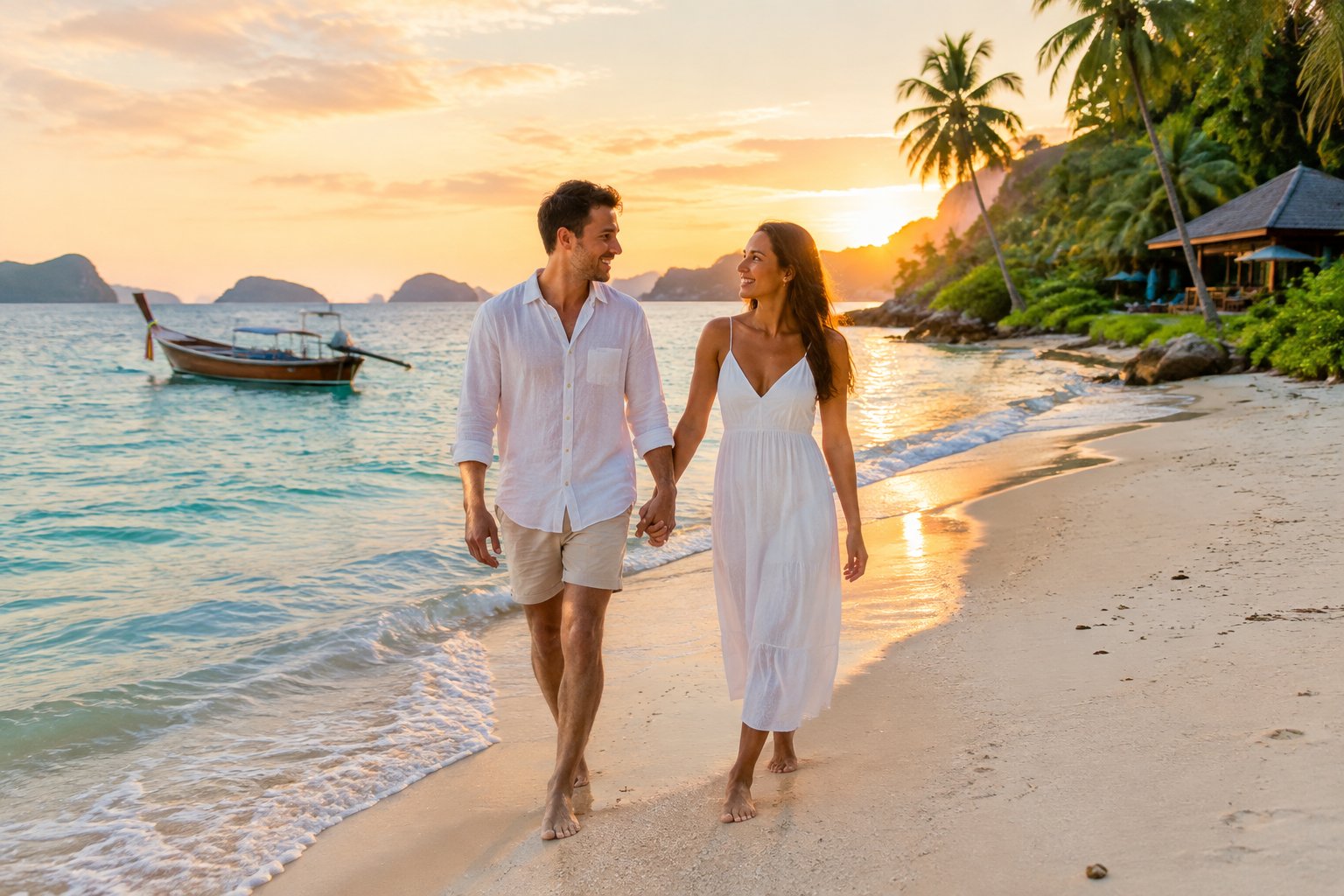 A newlywed couple walks hand in hand along a tropical Thai beach at sunset.