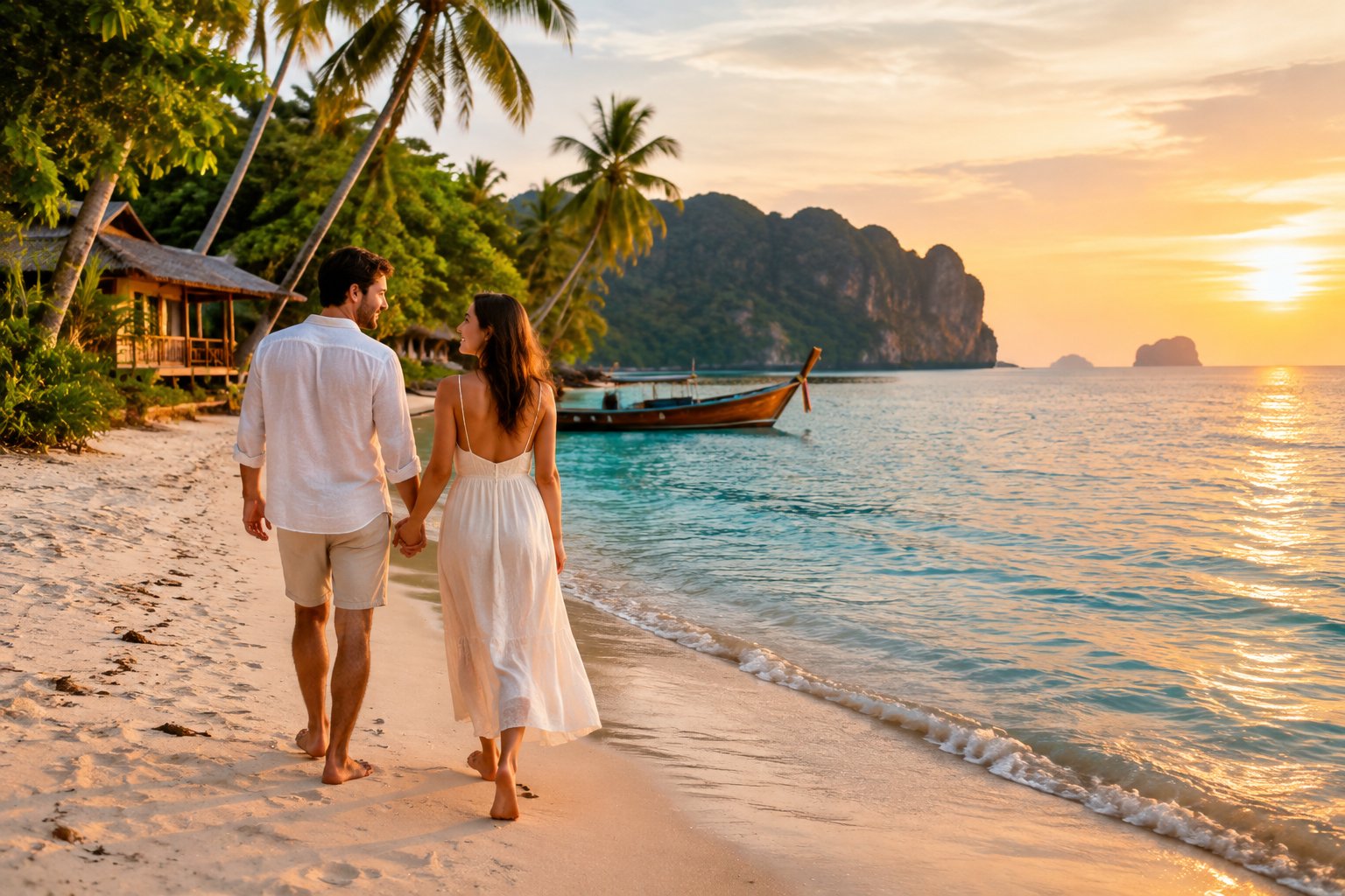 A newlywed couple enjoys a peaceful sunset on a tropical beach in Thailand.