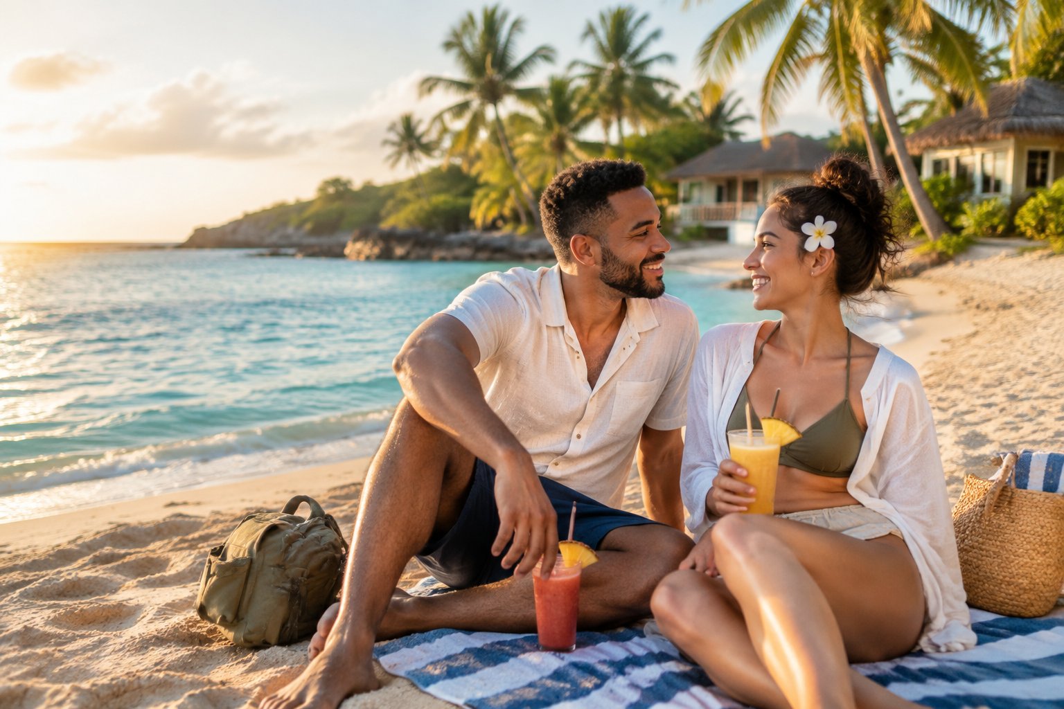 A newlywed couple relaxing on a sunny tropical beach near a modest seaside bungalow.