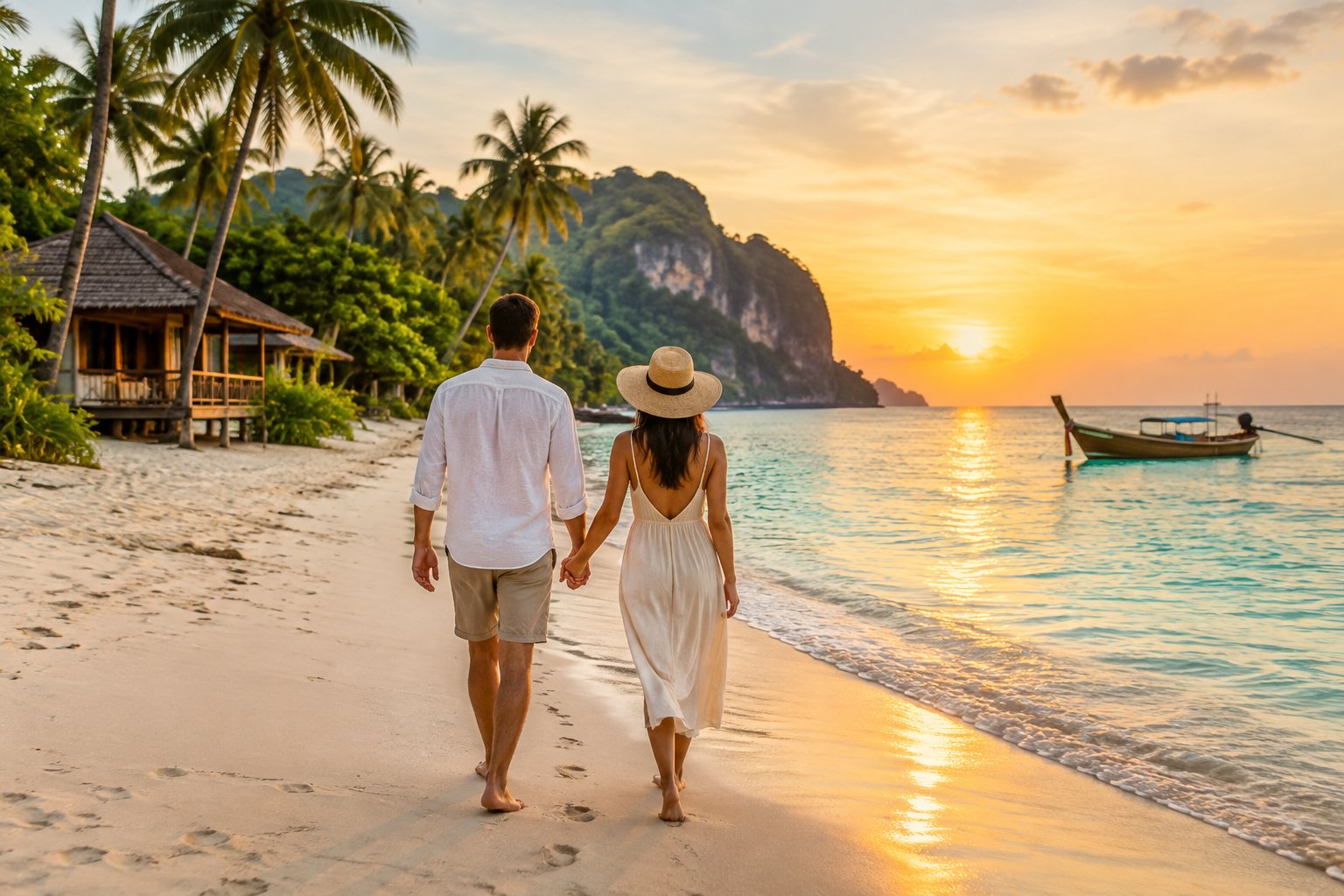A couple walks hand in hand along a quiet tropical beach in Thailand at sunset.