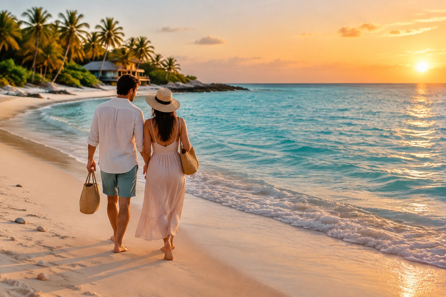A newlywed couple walks barefoot along a sunny tropical beach near a modest beachfront guesthouse.