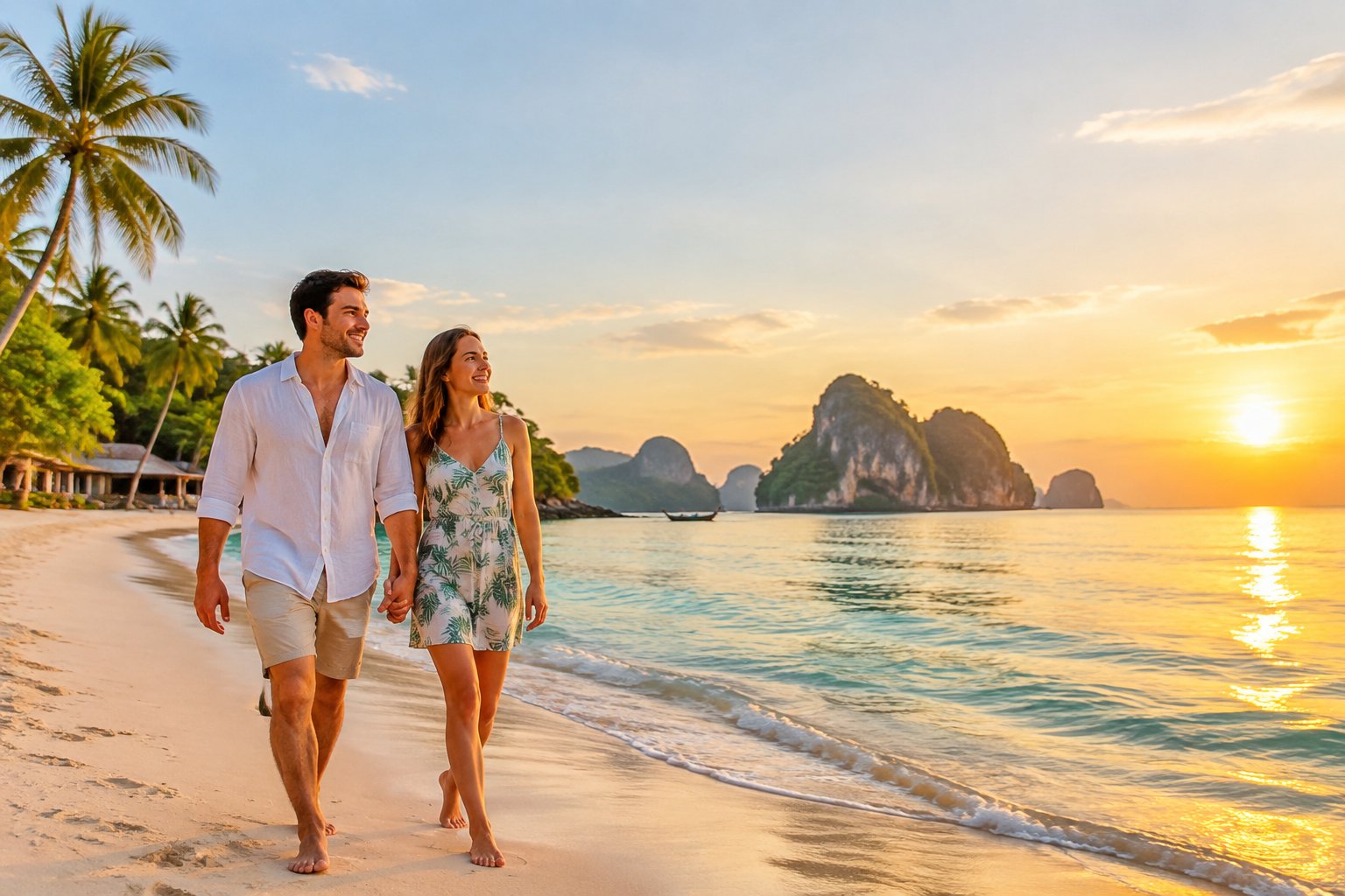 A couple walks hand in hand along a tropical Thai beach at sunset.