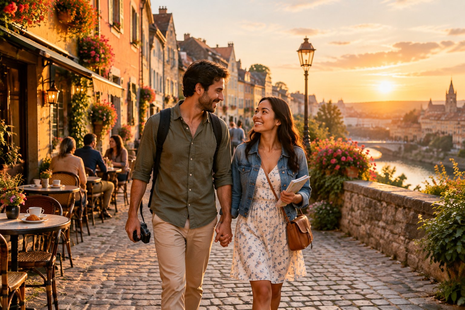 A newlywed couple walks hand in hand through a colorful historic neighborhood near a cozy café.