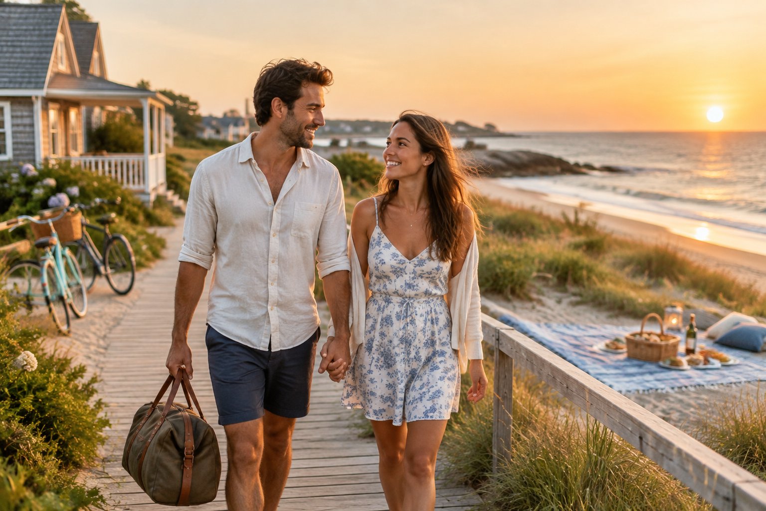 A newlywed couple walks hand in hand along a scenic beach-town boardwalk at sunset.