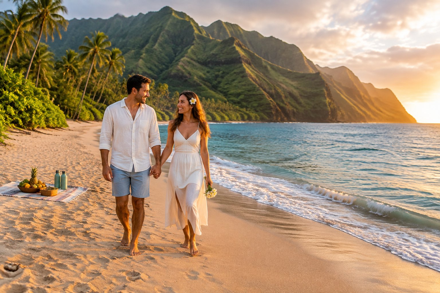 A newlywed couple walks along a tropical Kauai beach with green mountains and palm trees in the background.
