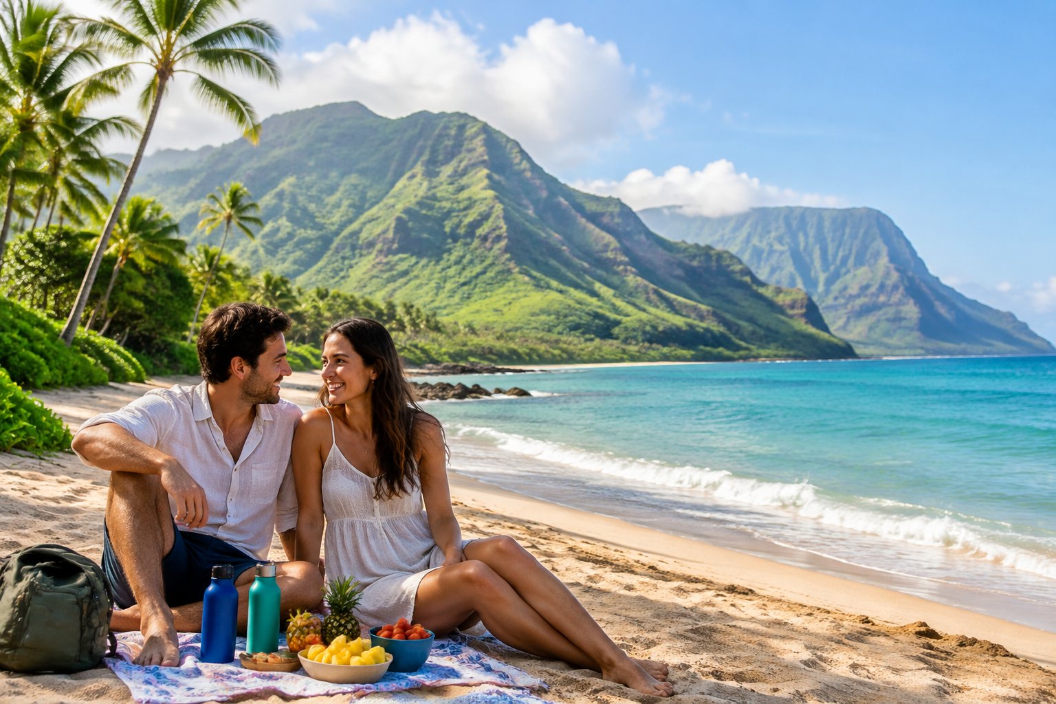 A newlywed couple enjoys a romantic picnic on a scenic tropical beach in Kauai.