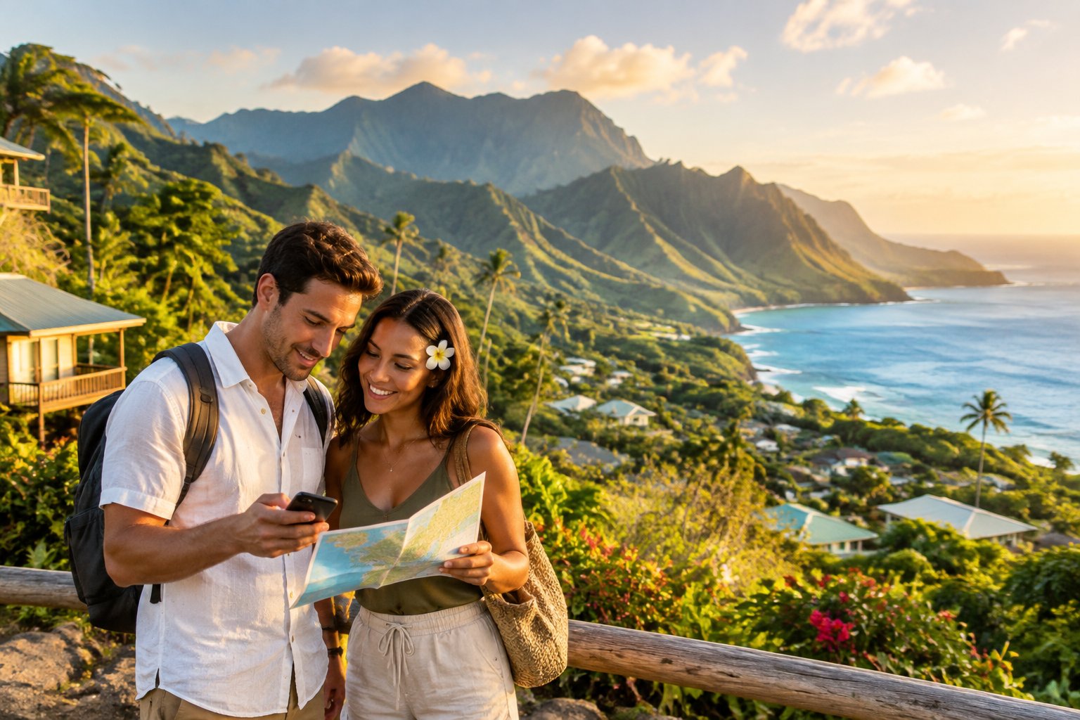 A newlywed couple compares travel options at a scenic Kauai overlook surrounded by lush mountains and the ocean.
