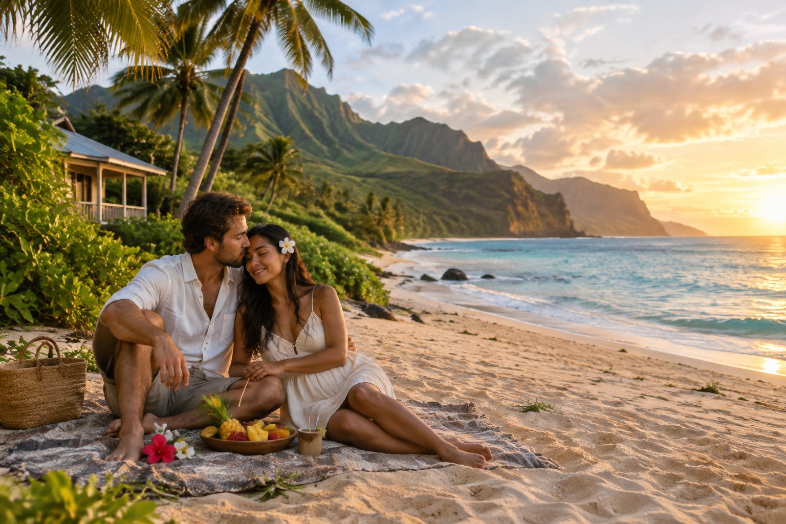A newlywed couple shares a romantic picnic on a quiet Kauai beach with green mountains and a tropical cottage nearby.