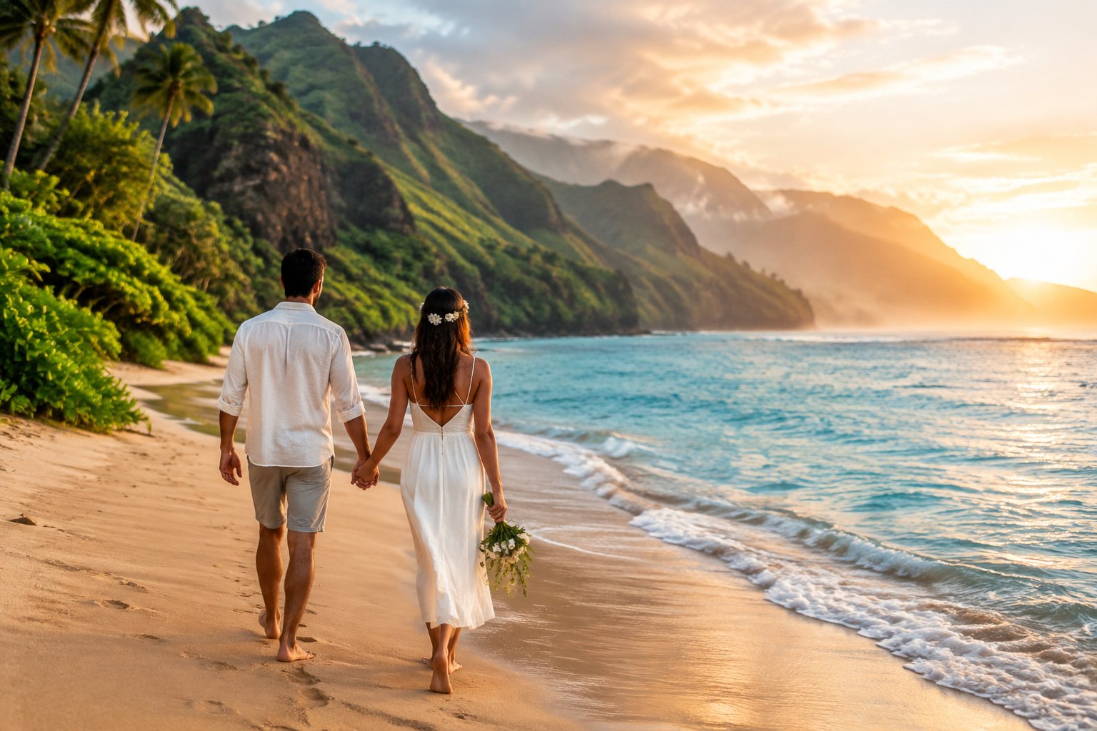 A newlywed couple walks hand in hand along a quiet Kauai beach surrounded by lush greenery and mountains.