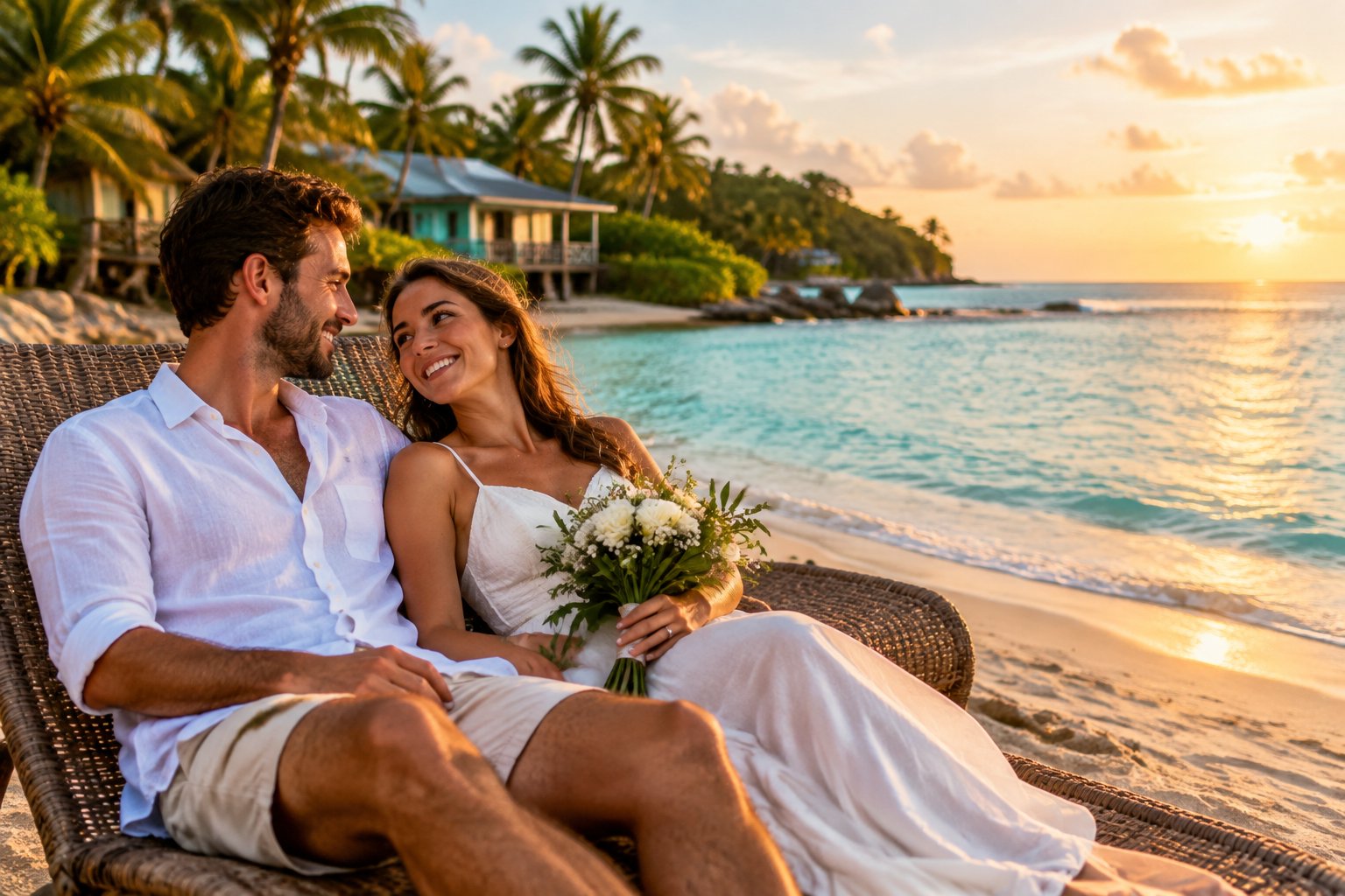 A newlywed couple relaxes together on a tropical beach beside a modest beachfront guesthouse.