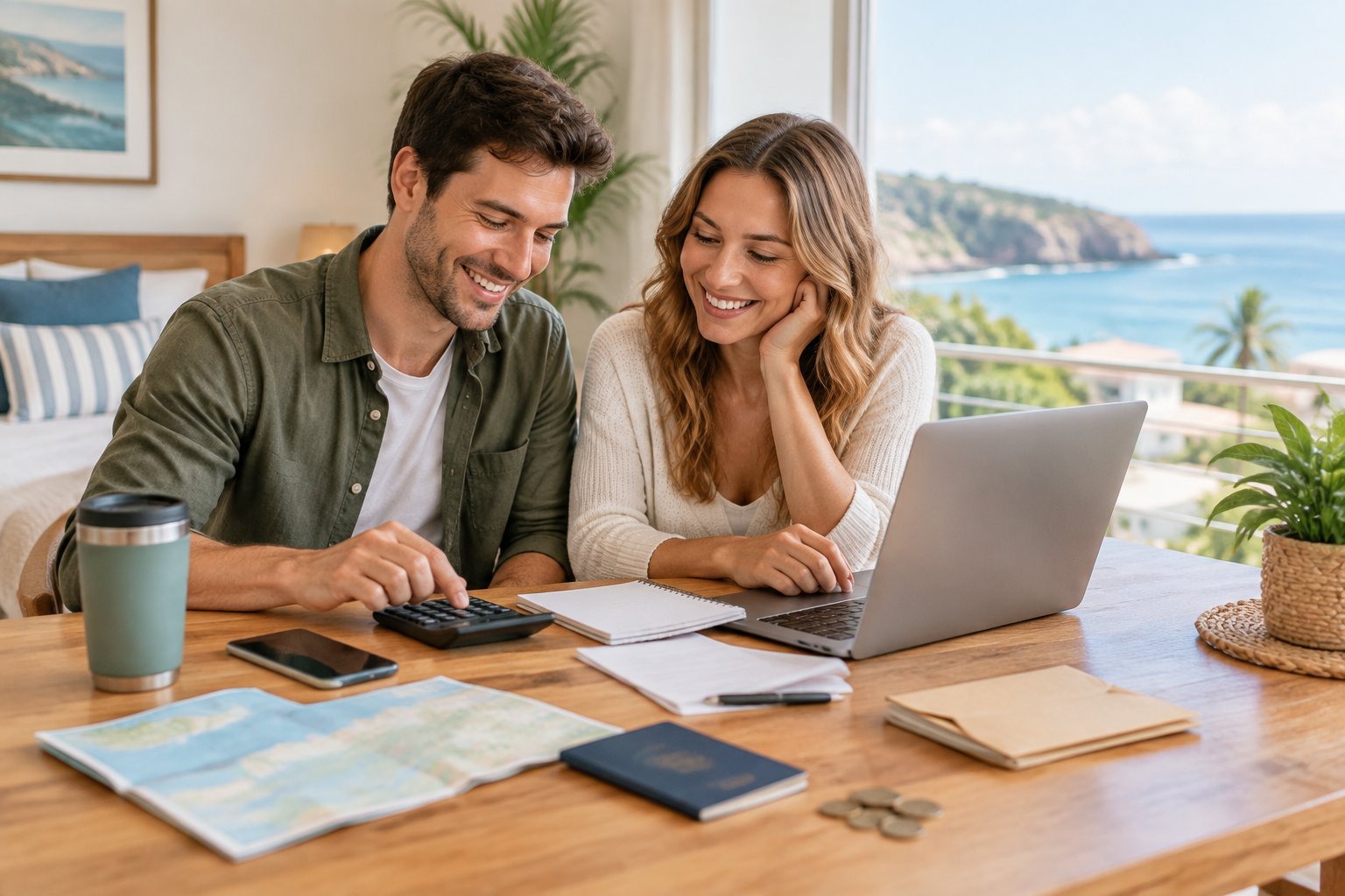 Newlywed couple planning an affordable honeymoon together at a table with travel items and a laptop.