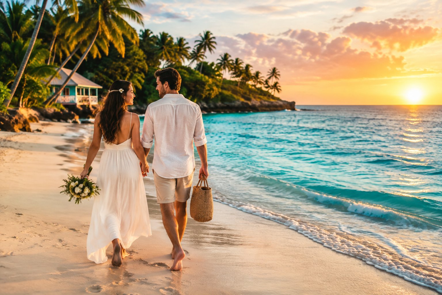 A newlywed couple walks barefoot along a sunny tropical beach.