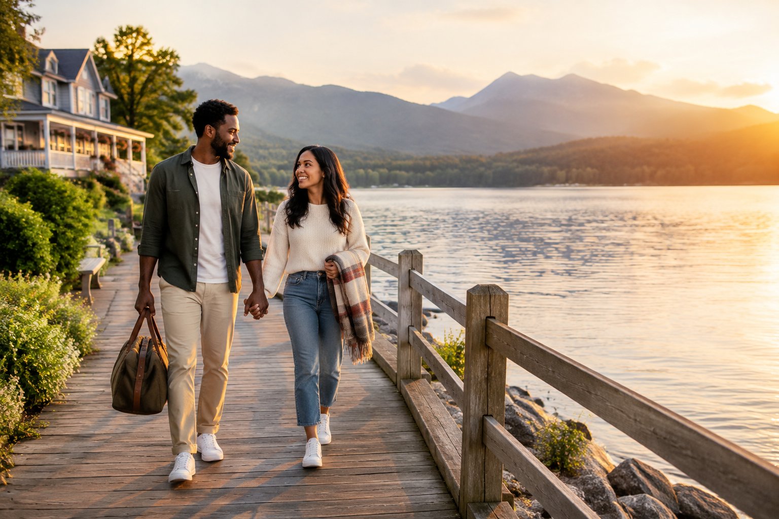 A newlywed couple walks hand in hand along a scenic lakeside boardwalk near a mountain town.