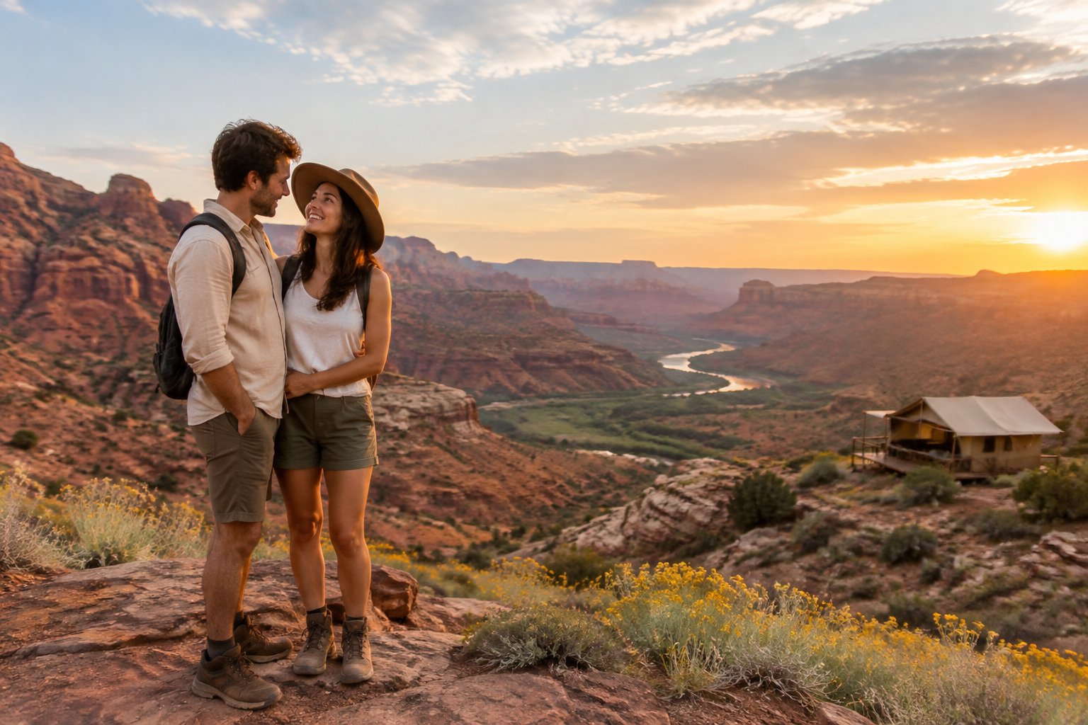 A newlywed couple overlooking a scenic red-rock desert landscape with a simple campsite nearby.