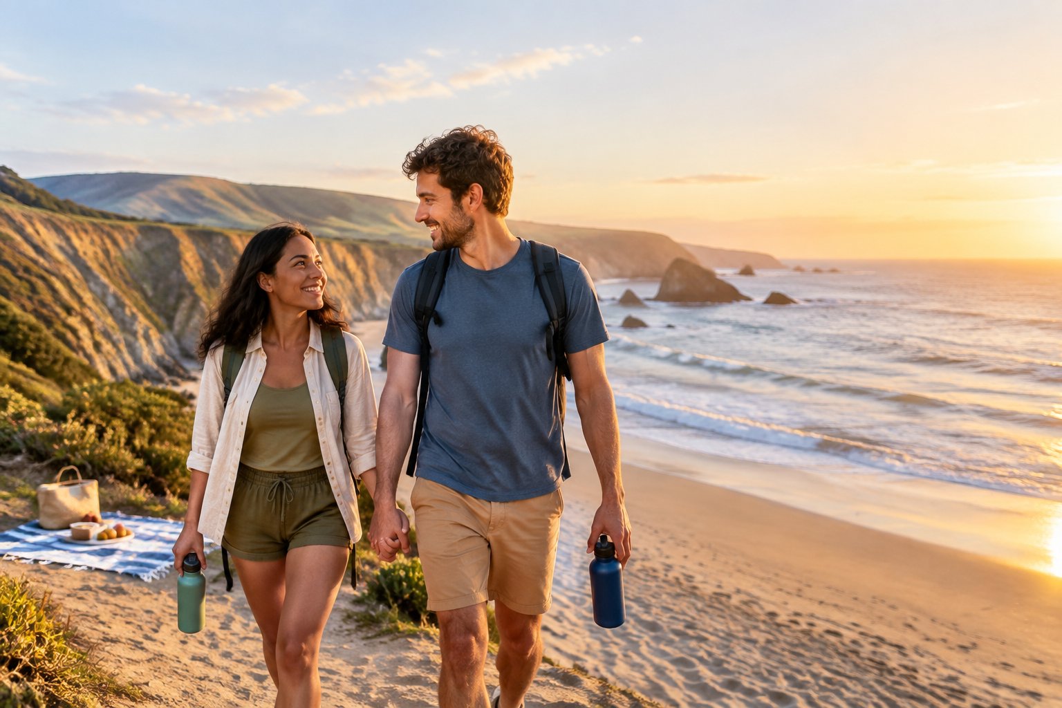 A newlywed couple walks hand in hand along a sunny Pacific coast beach.