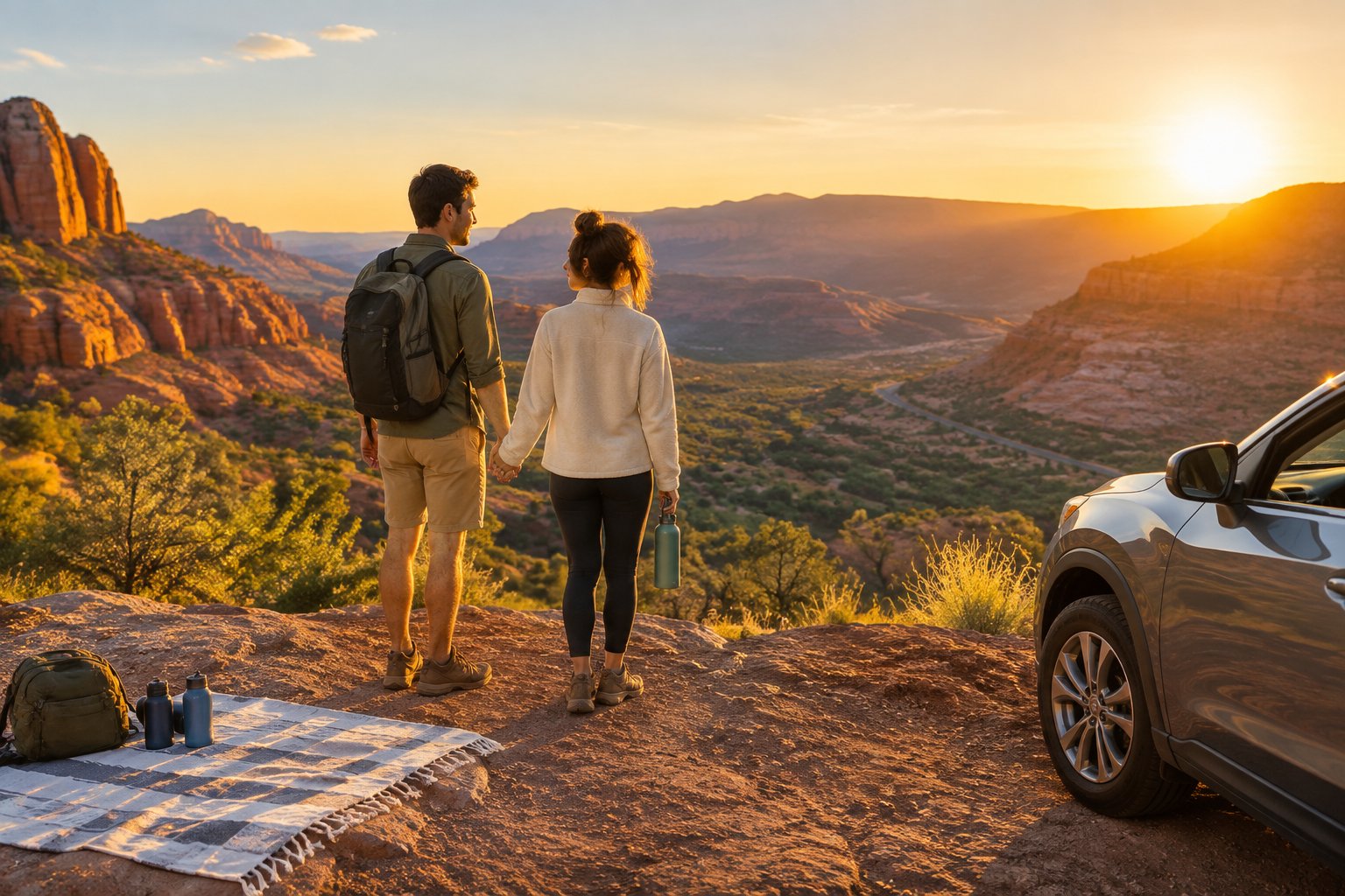 A newlywed couple holds hands while viewing a scenic western landscape of red-rock cliffs, desert, and distant mountains.
