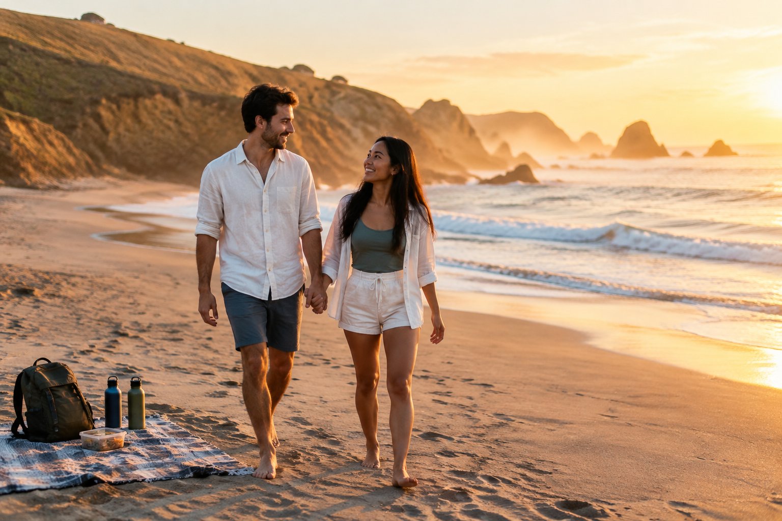 A couple walks hand in hand along a scenic Pacific beach with cliffs and ocean waves.