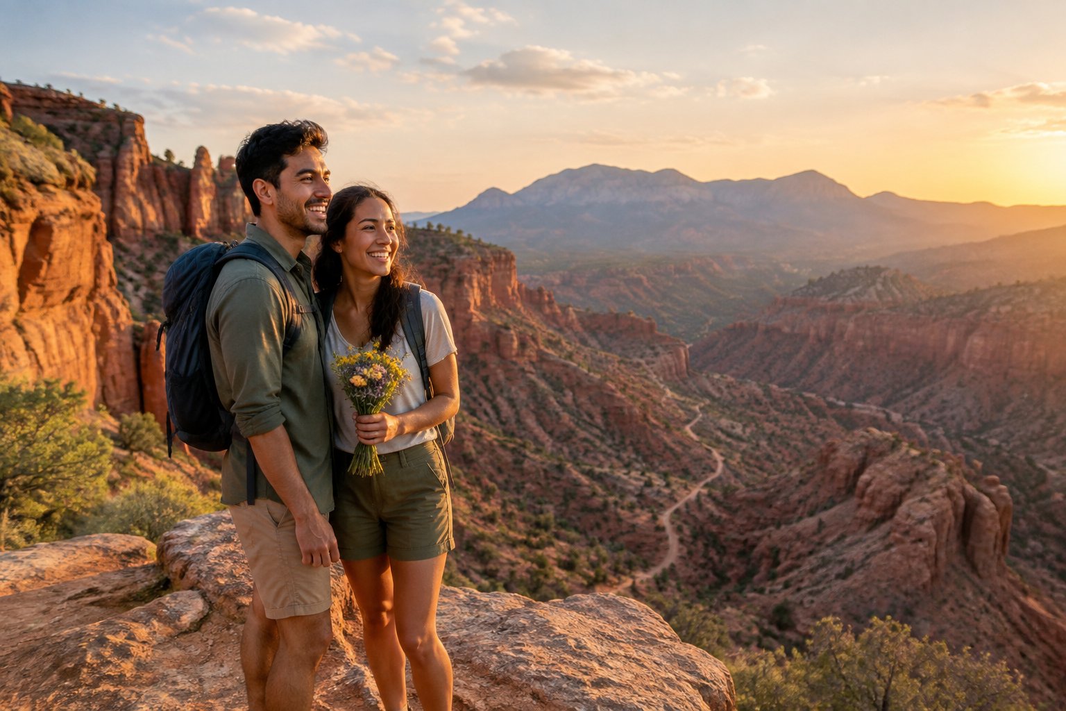 A newlywed couple embraces while overlooking a sunlit red-rock canyon and distant mountains.