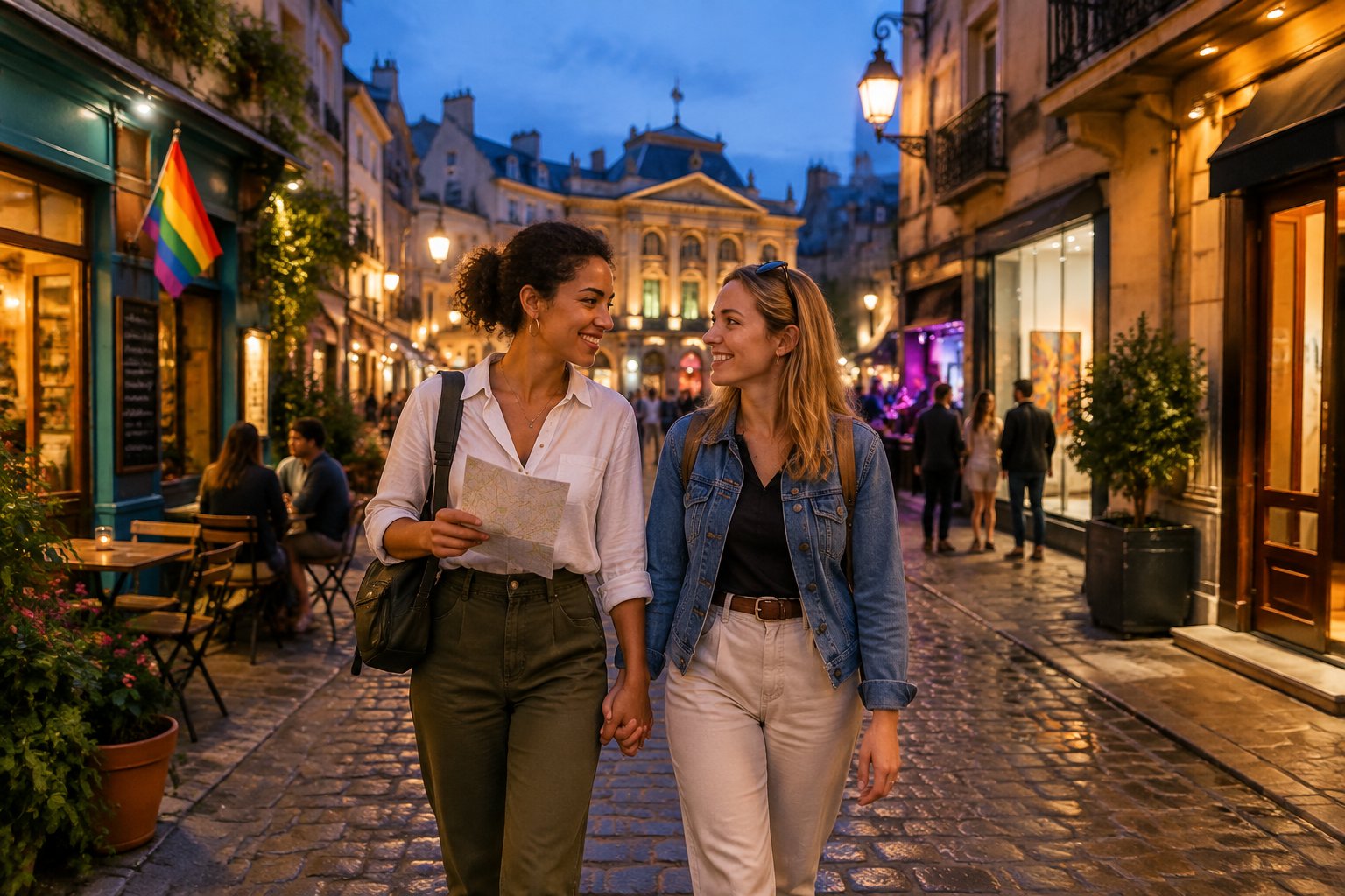 Two newlywed women walk hand in hand through a lively, welcoming city neighborhood with cafés, historic buildings, and evening lights.