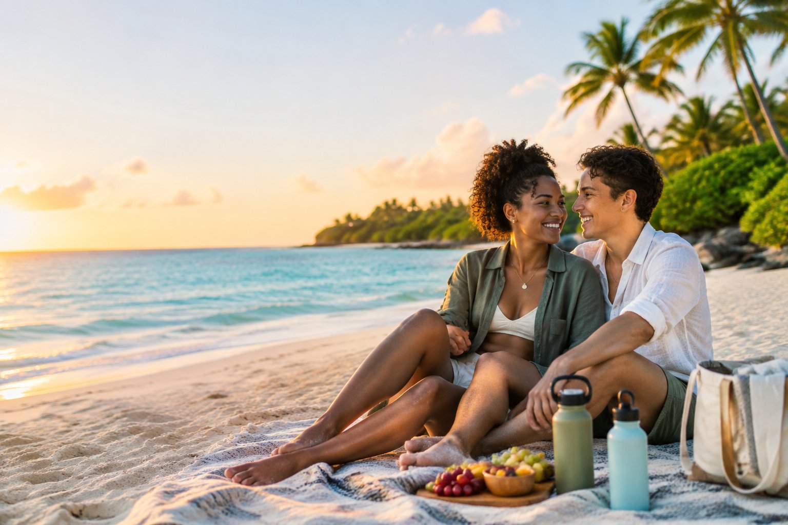 A newlywed LGBTQ+ couple relaxing together on a sunny tropical beach beside calm turquoise water.