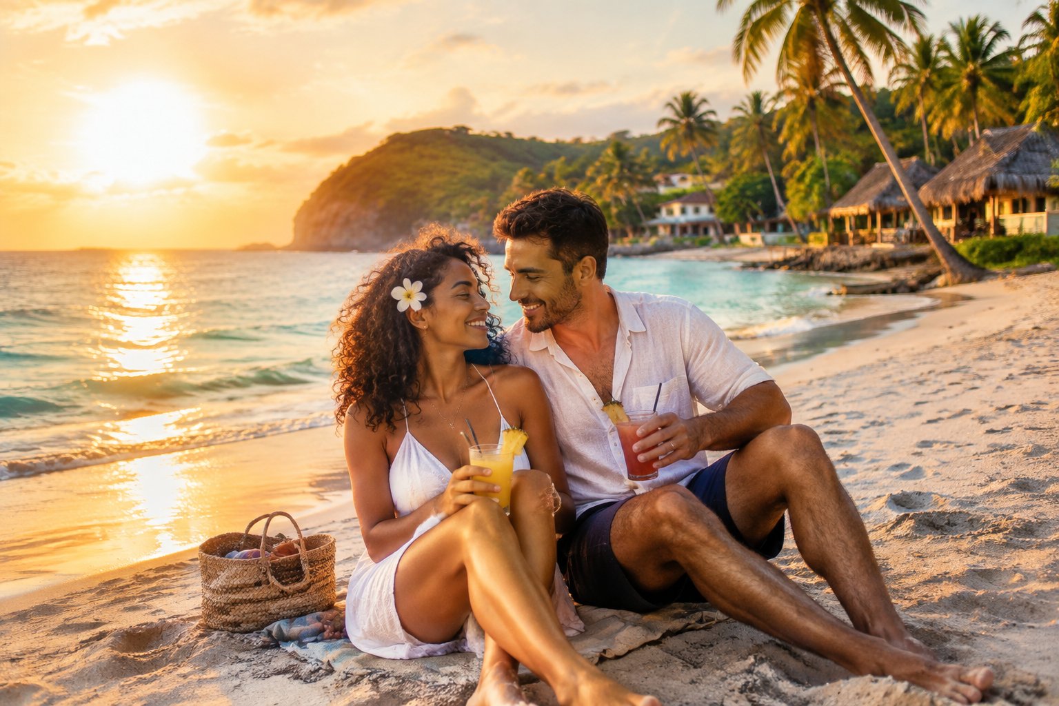 A newlywed couple enjoying a romantic beach getaway with palm trees and turquoise water.