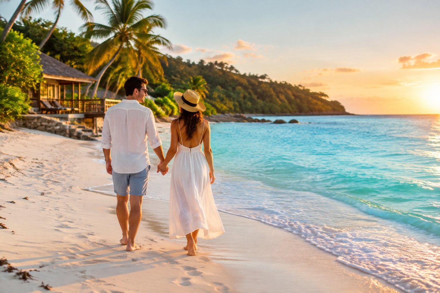 A newlywed couple walks hand in hand along a sunny tropical beach near a small beachfront guesthouse.