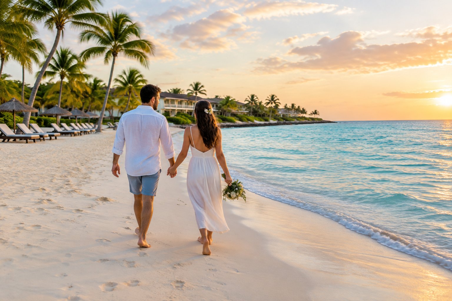 A newlywed couple walks hand in hand along a tropical beach near a resort.