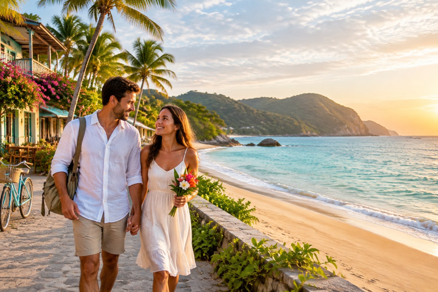 Newlywed couple walking hand in hand beside a tropical beach with palm trees, colorful buildings, and turquoise water.