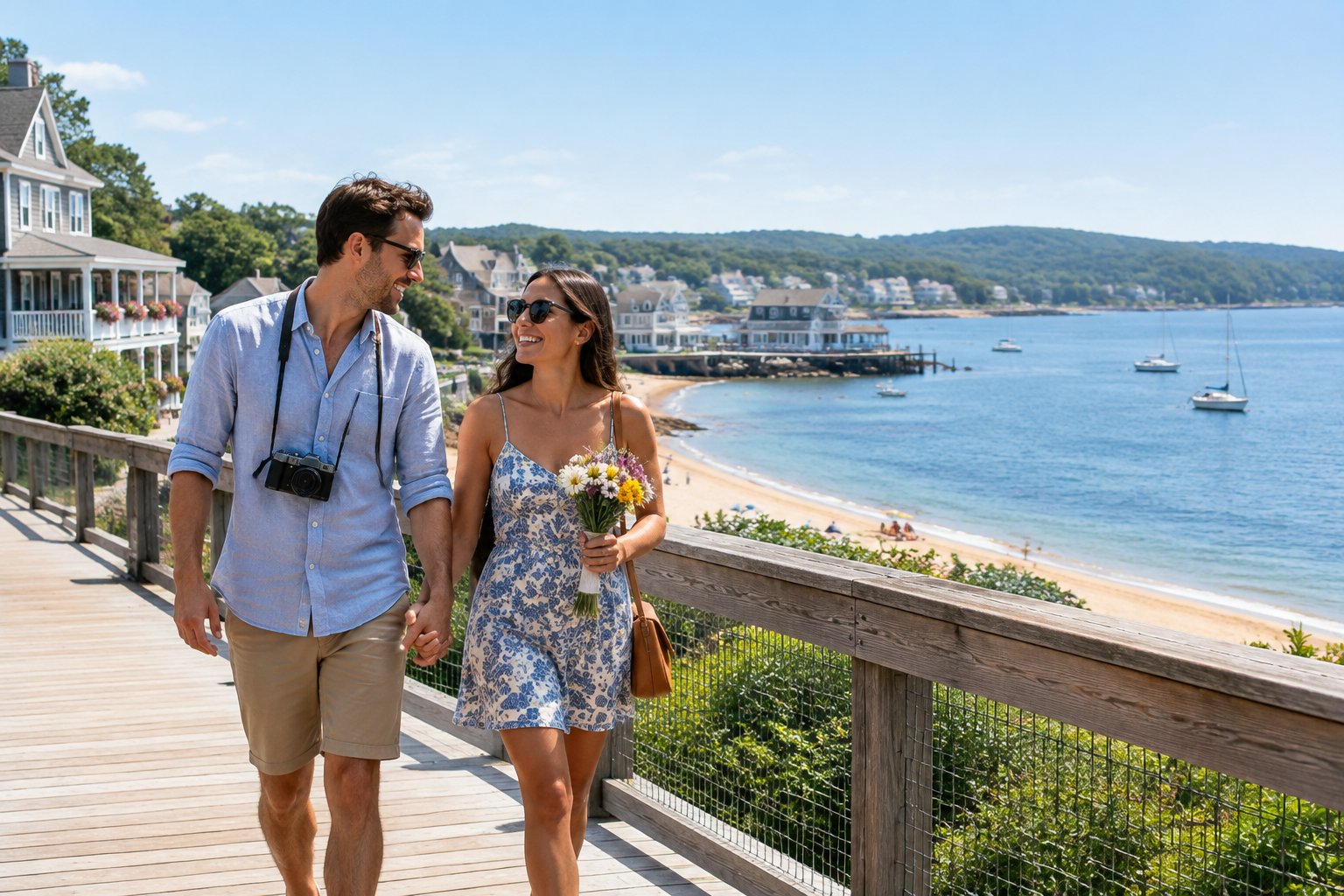 A newlywed couple walks along a sunny coastal boardwalk overlooking a peaceful bay and seaside town.