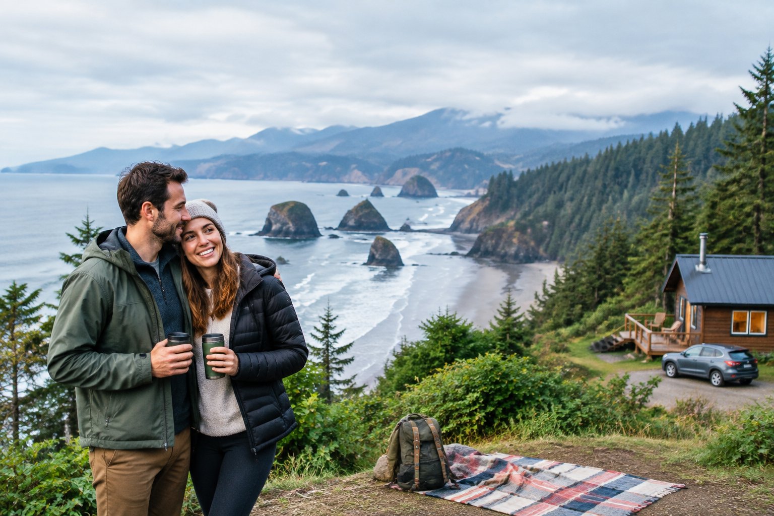 A newlywed couple enjoys a scenic Pacific Northwest coastal overlook surrounded by evergreen forests, mountains, and ocean.