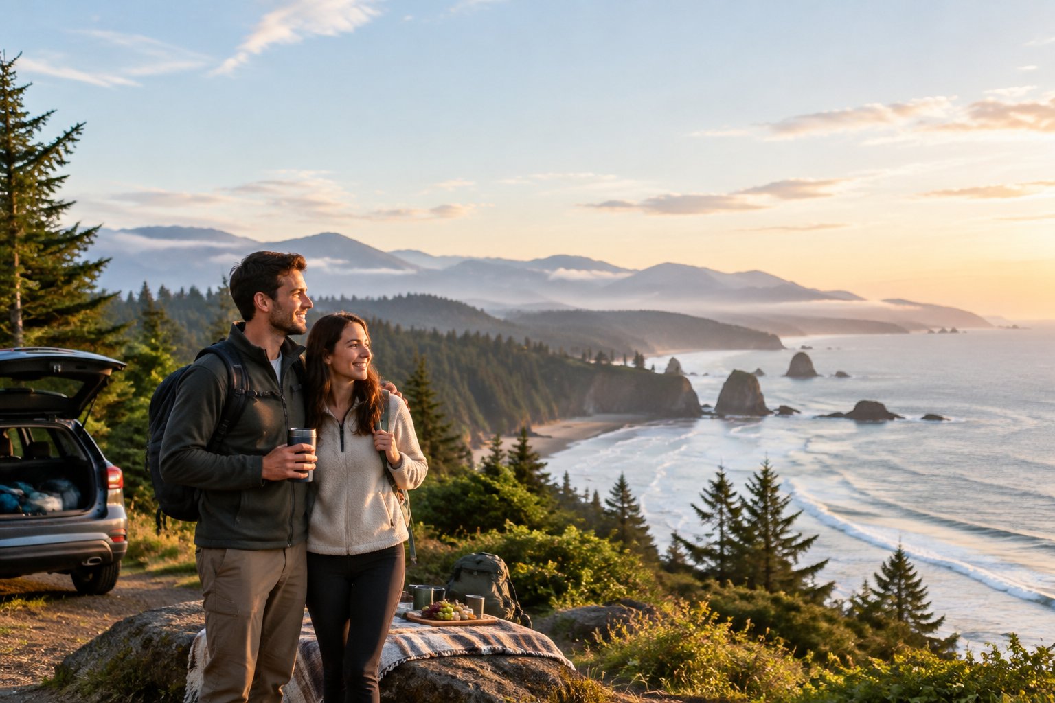 A newlywed couple enjoying a scenic Pacific Northwest coastal overlook surrounded by evergreen forest and mountains.