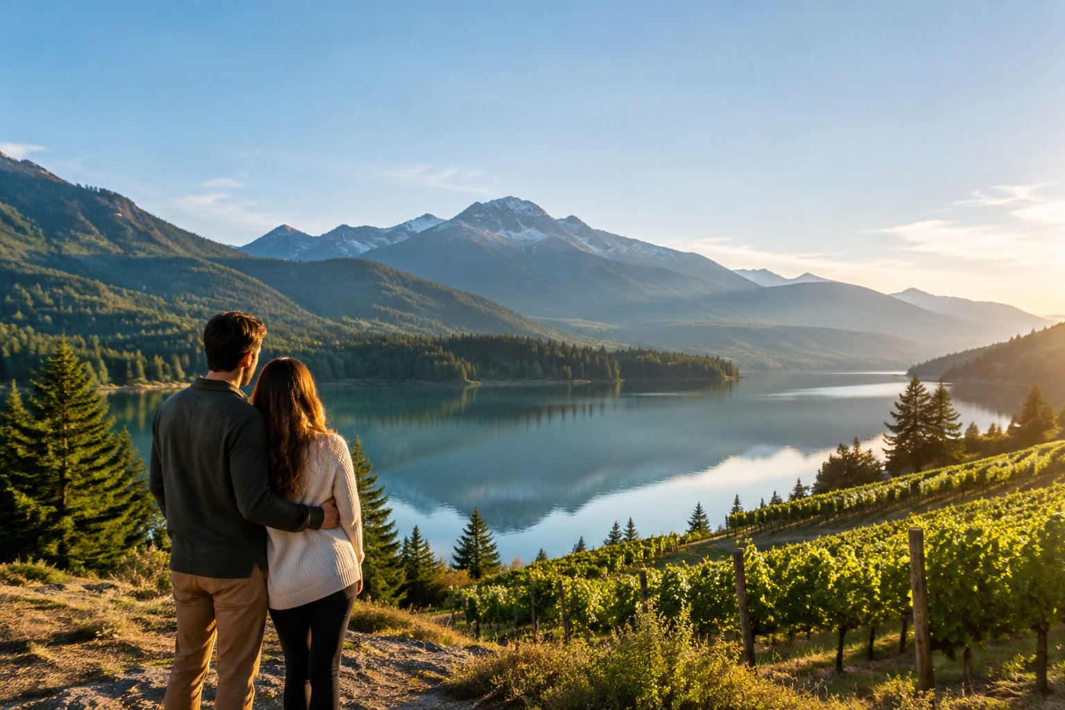 A couple overlooks a peaceful mountain lake beside a vineyard in Washington.