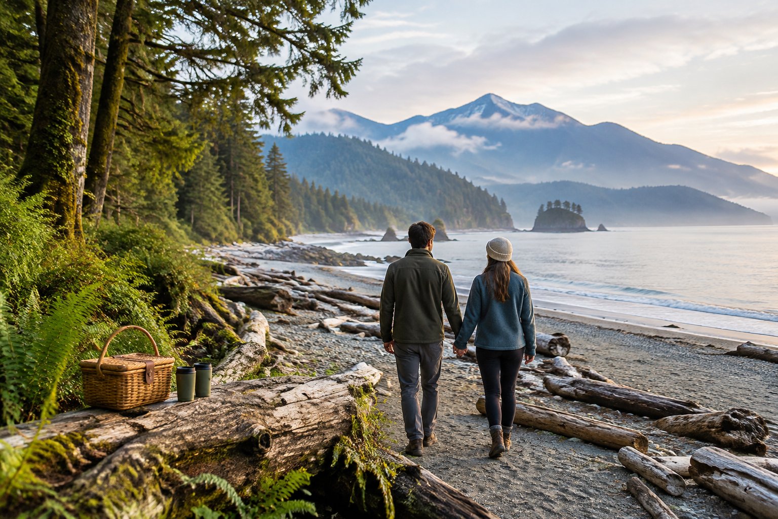 A couple walks hand in hand along a forested beach with driftwood, ocean water, and misty mountains in the distance.